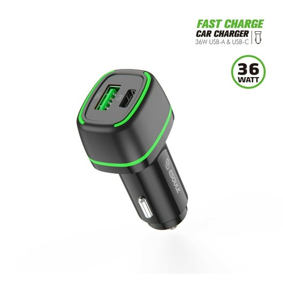 ESOULK BLACK 36W FAST CAR CHARGER 18W PD+18W QC USB-A & USB-C - Picture 2 of 6